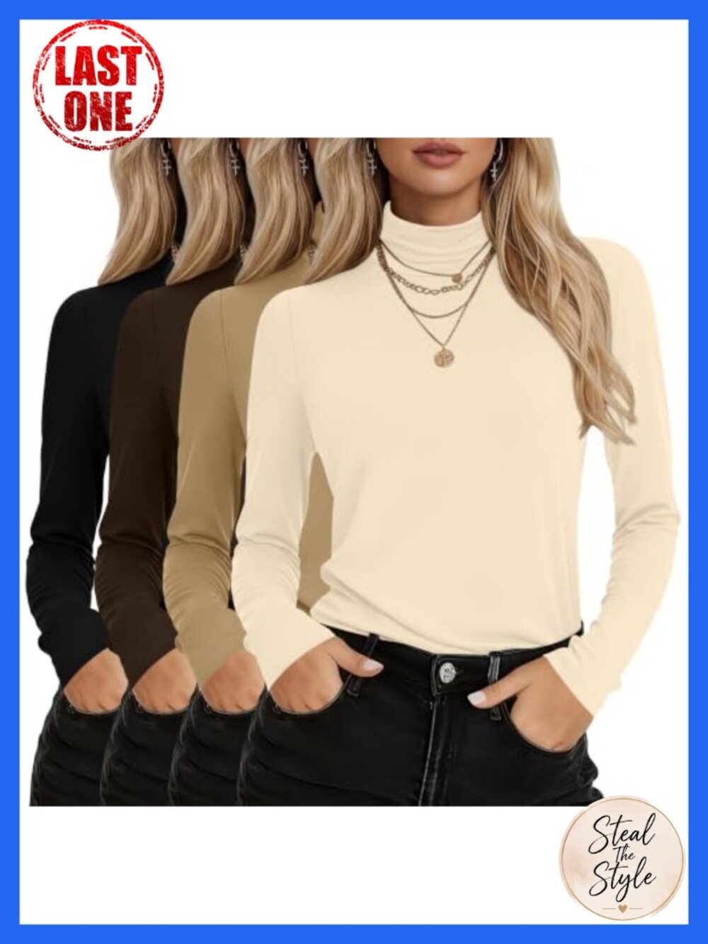 4 Pack Womens Cotton Turtleneck Tops Long Sleeve Shirts Casual Layering Tees